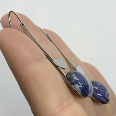 VTG BLUE FOIL GLASS SILVER HEART LONG DROP EARRINGS HOOK EAR WIRE 2”