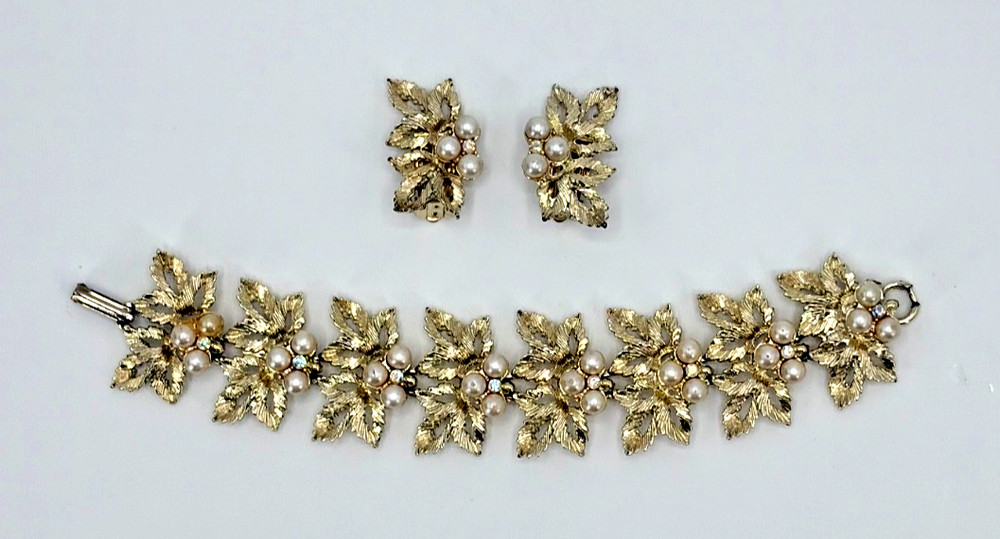 JUDY LEE Bracelet Earrings Set Gold Leaves w/Faux Pearl Clusters AB Accents
