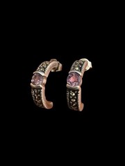 925 Silver Marcasite Amethyst Half Hoop Stud Earrings Vintage