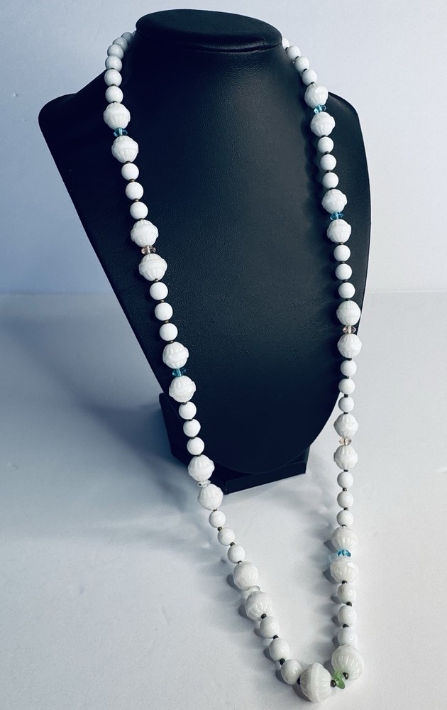 Miriam Haskell Vintage Signed Milk Glass Bead Necklace Any Multi Color Crystals
