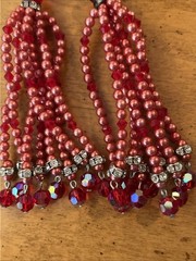 Vintage Super Long Dangle Drop Red Crystal Rivoli Pink Pearl Clip On Earrings