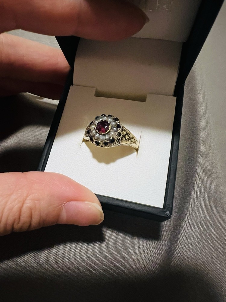 Victorian 10K Gold Garnet Pearl Cluster Ring Antique Pre-1920 Size 7