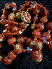 Vintage West Germany Glass Bead Necklace Pink Orange AB Crystal Double Strand