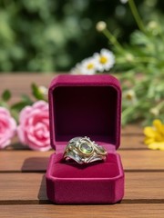 Vintage Art Nouveau Style Peridot Sterling Silver and 14K YG Vermeil Ring Size 8