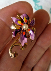 Vintage Set of Enamel Lavender Flower Pin Brooch & Earrings Seed Pearls