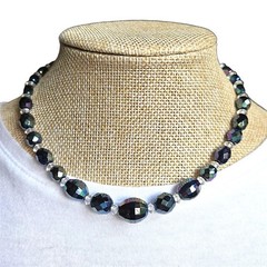 Vintage West Germany AB Crystal Glass Bead Necklace Peacock Iridescent Choker