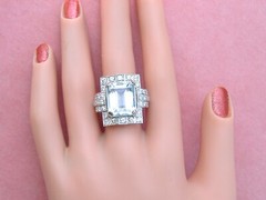 ESTATE ART DECO 10ct AQUAMARINE 1.35ctw DIAMOND PLATINUM STATEMENT COCKTAIL RING