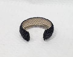 Vintage Circa 1990s Black Sequined Silver Tone Oval Domed Cuff Bracelet
