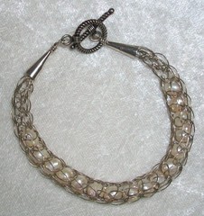 Vintage 925 Sterling Silver Chainmaille Pearl Viking Dragon Tail Toggle Bracelet