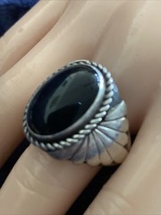 Vintage Navajo Sterling Silver Oval Cabochon Onyx Ring Size 11.25 Signed B