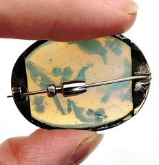 Antique Opalescent Glass Brooch Hand-Painted Birds C Clasp Victorian 1.5″