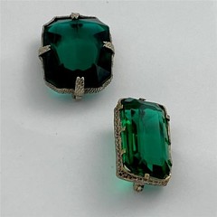 2 Vintage Czech 1930’s Art Deco Faceted Green Stones Silver Tone Brooch Pins