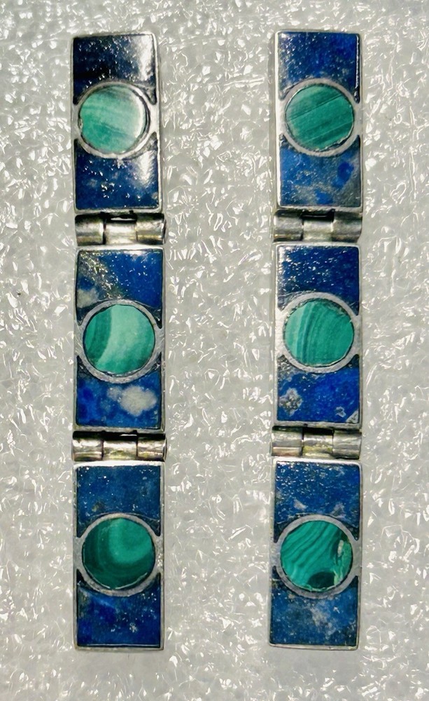 Vintage Sterling Silver Lapis Panel Dangle Earrings Malachite Circles Pattern