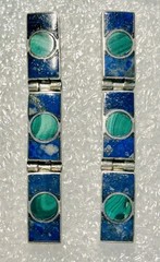 Vintage Sterling Silver Lapis Panel Dangle Earrings Malachite Circles Pattern