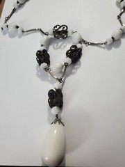 Vtg. White Milk Glass & Metal Beaded Necklace, Plastic Pendant