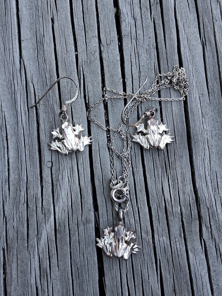 Cute Sterling Silver Frog Necklace & Earrings Set 925 Vintage Jewelry 18″ Chain