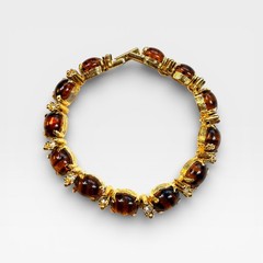 Vintage Tiger’s Eye Style Bracelet, Gold Tone Rhinestone Cabochon Link 7.25”