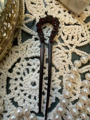 Victorian Hair Ornament Comb Red Garnet Tortoise Shell Pick. Estate Jewelry. Vtg