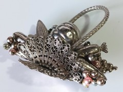 Unusual Ornate Silver-tone Vintage Harvest Veggie & Fruit Basket Brooch