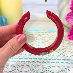 Vintage Hand Painted Wood Floral Cuff Bracelet Burgundy Red Folk Art