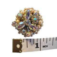 Vintage Signed EUGENE Aurora Borealis Rhinestone & Faux Pearl Clip On Earrings