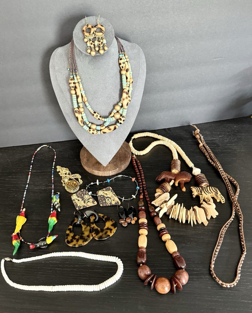 12 Item Lot Wood Bead Animal Print Boho Tribal Ethnic Jewelry Mixed Material