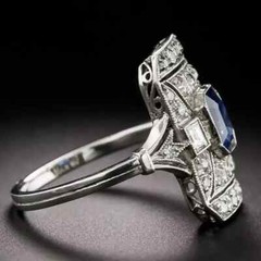 Art Deco Style Octagonal Sapphire & Lab Created Diamond 14k White Gold FN Ring