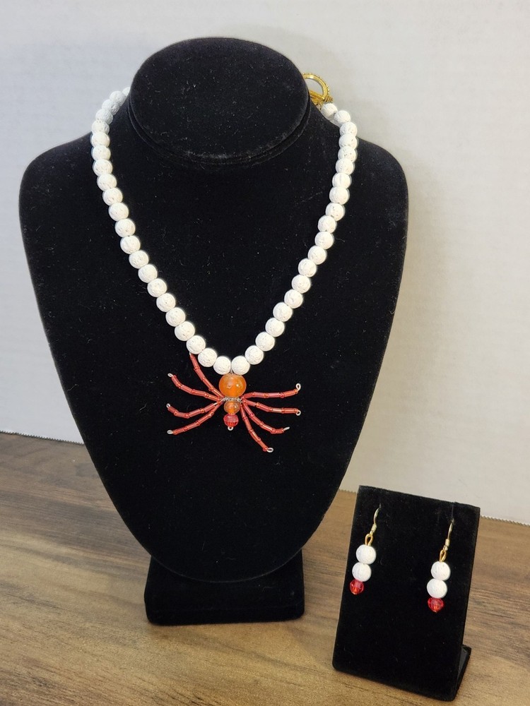 Vintage Spider Pendant Bleached Lava Beaded Necklace 17″ & Matching Earrings