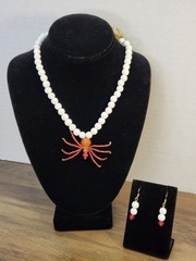 Vintage Spider Pendant Bleached Lava Beaded Necklace 17″ & Matching Earrings