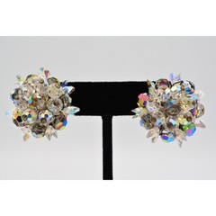 Vintage Crystal Clip On Earrings Watermelon Aurora Borealis Chunky 1960s BinAG