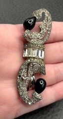 Vintage 1930’s Art Deco Black Faux Onyx Glass Rhinestone Brooch Pin READ