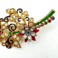 FLORAL SPRAY vintage brooch – 1940s pot metal enamel & rhinestone pin – colorful