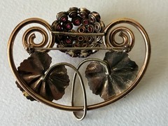 Vintage Arts & Crafts Floral 2 Tone Brass & Copper Cranberry Red Rhinestone Pin