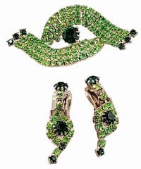 JULIANA STYLE EMERALD GREEN & LIME RHINESTONES BROOCH & DANGLE CLIP-ON EARRINGS