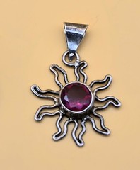 Vintage Sterling Silver 925 Mexico Sun Red Garnet Pendant 1″