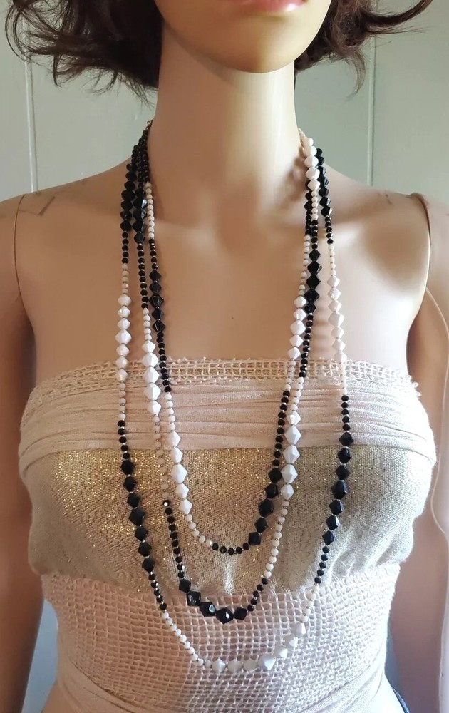 Southern Living Black & White Three Strand Acrylic Necklace. Goldtone Accents