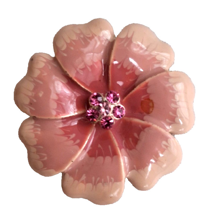 Pink Enamel Rhinestone Silver Tone Metal Flower Brooch Vintage Nice!