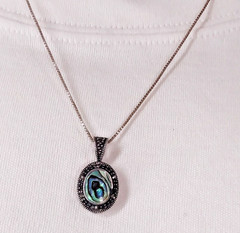 Vintage Abalone Marcasite Pendant Necklace & Clip Earrings Set FAS 925 Silver