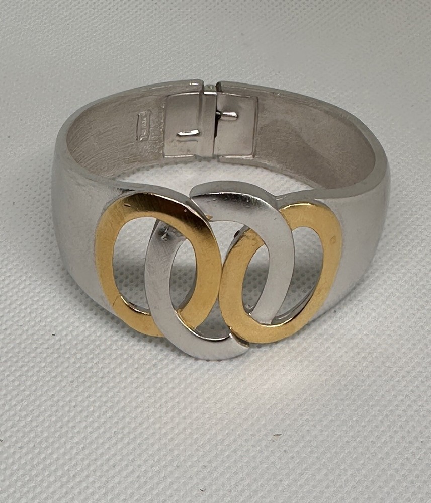 Vintage 50s Crown Trifare Spring Cuff Bracelet Gold Silver Plated 6.2in Signed