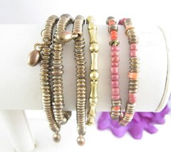 Lot of 6 Vintage BRACELETS Goldtone BEADED Orange Pinks Bead Metal Glass Plastic