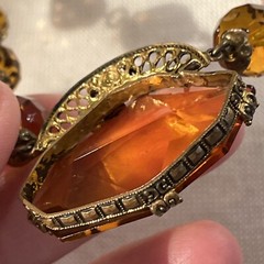 Vintage Czech Large Topaz Amber Faceted Crystal Bead Necklace Clip Earrings Set