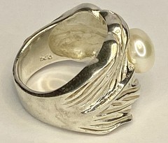 Vintage Large Sterling Silver 925 Leaf 9mm Cultured Pearl Statement Ring SZ 7.5