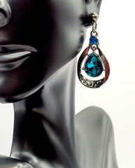Blue Glass Water Droplet Drop Dangle Silver Tone Sparkly Fancy Pierced Earrings