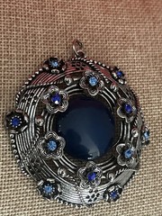 VTG Signed GB Silver Tone Blue Cabochon Rhinestone Filigree Pendant LARGE 2.5 in