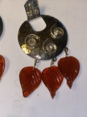 Earrings HOBE Pierced Hang 3” Articulated Red Art Glass Leaves Dangle Vintage