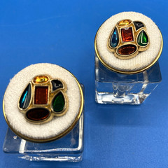 Vintage EARRINGS clip-on 1980s 1990s jeweled tones poured resin white fabric