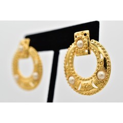 Vintage Dangle Earrings Gold Floral Pearl Door Knocker USA Made NOS 1980s 9M