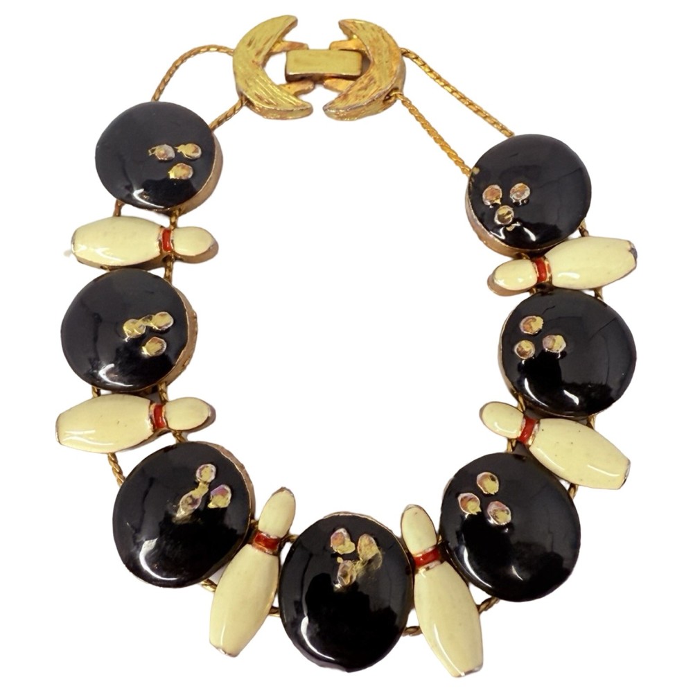 Bowling Ball Bracelet Slider Charm 7” Gold Tone Bowling Gift Vintage