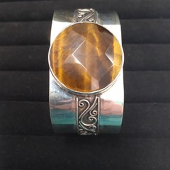 Sterling Indonesia 925 Bangle Wide Cuff with Round Faceted Tiger Eye Stone