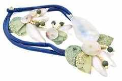 Vintage 80’s Summer Shell Wood Cord Leather Beach Necklace Brooch Earrings Set